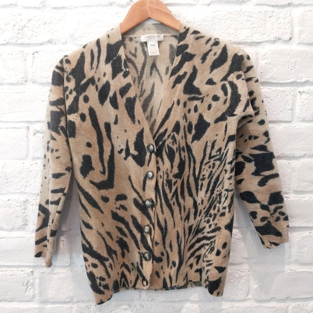 Lambswool Angora Cardigan Sweater Womens Small Brown Tiger Animal Print V Neck,